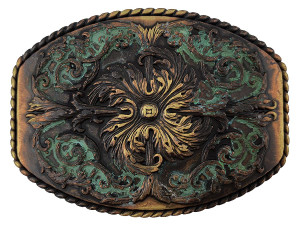 HA0016 MOEB Antique Brass Patina Floral Engraved Ornate Western Design Belt Buckle Fits 1-1/2"(38mm) Belt