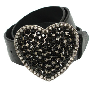 Black Jet Rhinestone Crystal Heart Buckle Genuine Full Grain Leather Belt 1-1/2"(38mm) Wide