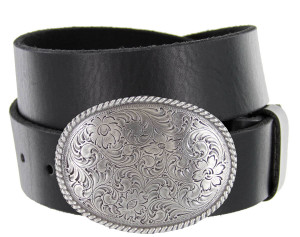 Western Antique Floral Engraved Buckle Genuine Full Grain Leather Casual Jean Belt 1-1/2"(38mm) Wide