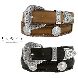Texas Eagle Star Coin Conchos Crazy Horse Scalloped Genuine Leather Western Belt 1-1/2"(38mm) Wide