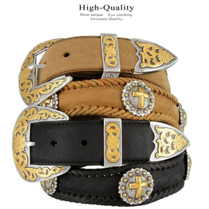 Gold Christian Cross Conchos Crazy Horse Scalloped Genuine Leather Western Belt 1-1/2"(38mm) Wide