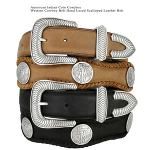 American Indian Coin Conchos Crazy Horse Scalloped Genuine Leather Western Belt 1-1/2"(38mm) Wide