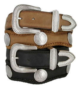 Arlington Eagle Coin Conchos Crazy Horse Scalloped Genuine Leather Western Belt 1-1/2"(38mm) Wide