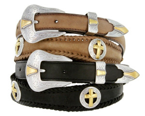 Antique Gold Cross Conchos Crazy Horse Scalloped Genuine Leather Western Belt 1"(25mm) Wide