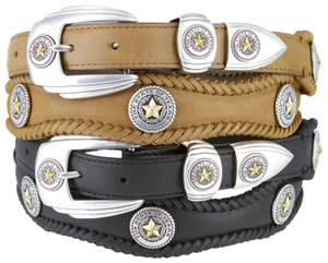 State of Texas Gold Star Conchos Crazy Horse Scalloped Genuine Leather Western Belt 1"(25mm) Wide