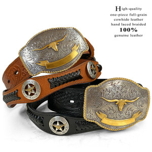 Western Gold Longhorn Buckle Star Conchos Embossed Full Grain Leather Belt 1-1/2" (38mm) Wide