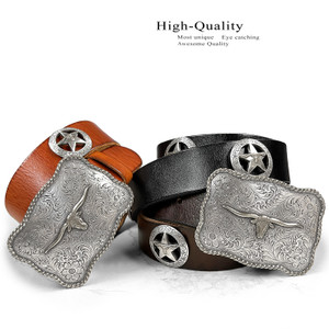 Western Antique Longhorn Buckle Conchos Belt Genuine Full Grain Leather Belt 1-1/2"(38mm) Wide