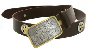 Western Floral Engraved Buckle Gold Cross Conchos Full Grain Leather Belt 1-1/2"(38mm) Wide