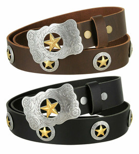 Gold Star Western Cowboy Belt - Genuine Leather With Conchos 1.5" Wide