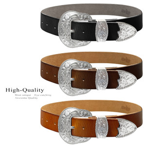 Western Bright Silver Floral Engraved Buckle Genuine Full Grain Leather Casual Jean Belt 1-1/2"(38mm) Wide