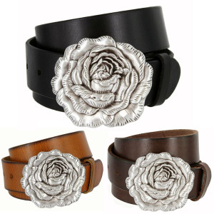 Antique Silver Engraved Rose Buckle Genuine Full Grain Leather Casual Jean Belt 1-1/2"(38mm) Wide