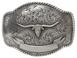 HA0435 Antique Silver Longhorn Steer Engraved Western Rope Belt Buckle