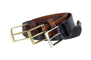 Classic Solid Brass Buckle Crocodile Embossed One Piece Full Leather Belt 1-3/8"(35mm) Wide