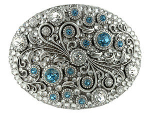 Rhinestone Crystal Belt Buckle Antique Oval Floral Engraved Buckle - Silver-Full Crystal Aquamarine
