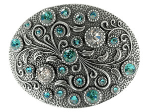 Rhinestone Crystal Belt Buckle Antique Oval Floral Engraved Buckle - Silver-Light Turquo
