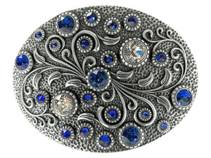 Rhinestone Crystal Belt Buckle Antique Oval Floral Engraved Buckle - Silver-Sapphire