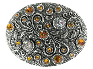 Rhinestone Crystal Belt Buckle Antique Oval Floral Engraved Buckle - Silver-Tangerine