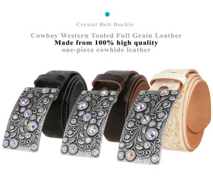 Rhinestone Belt Rhinestone Crystal Buckle Full Grain Tooled Leather Belt 1-1/2"(38mm) Wide