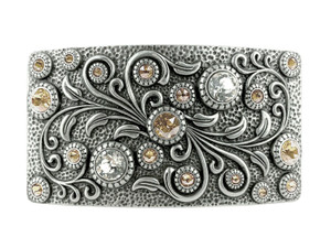 Rhinestone Crystal Belt Buckle Antique Oval Floral Engraved Buckle -Light Silk