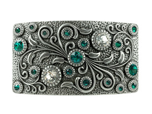 Rhinestone Crystal Belt Buckle Antique Oval Floral Engraved Buckle -Silver-Blue Zircon