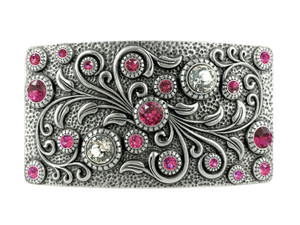 Rhinestone Crystal Belt Buckle Antique Oval Floral Engraved Buckle -Silver-Fuchsia