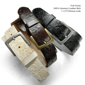 Genuine Full Grain Western Floral Engraved Tooled Leather Casual Jean Belt 1-1/2"(38mm) Wide
