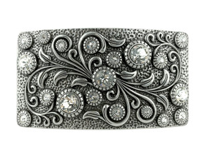 HA0850 LASRP Rhinestone Crystal Belt Buckle Antique Rectangle Floral Engraved Buckle (Crystal)