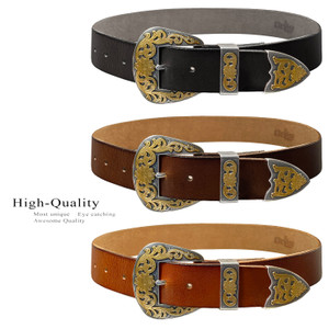 Golden Western Antique Gold Floral Engraved Buckle Genuine Full Grain Leather Casual Jean Belt 1-1/2"(38mm) Wide