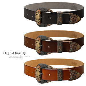 S5359 Western Antique Brass Floral Engraved Buckle Genuine Full Grain Leather Casual Jean Belt 1-1/2"(38mm) Wide