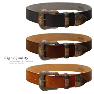S5732 Western Antique Brass Floral Engraved Buckle Genuine Full Grain Leather Casual Jean Belt 1-1/2"(38mm) Wide