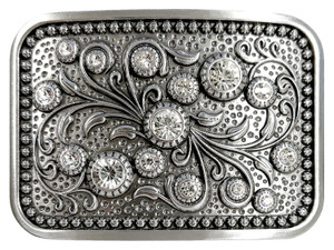 Western Antique Floral Engraved Rhinestone Crystal Belt Buckle Fits 1-1/2"(38mm) Belt
