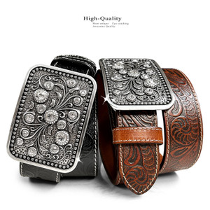 Western Rhinestone Buckle Genuine Full Grain Floral Engraved Tooled Leather Belt 1-1/2" Wide