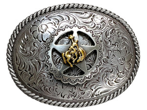 Western Antique Gold Bronco Rider Star Silver Rope Edged Floral Engraved Belt Buckle