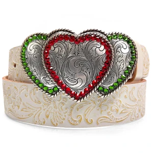 Rhinestone Western Silver Triple Hearts Ladies Cowgirl Floral Engraved Casual Jean Belt 1-1/2"(38mm) Wide