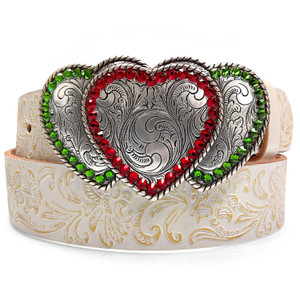 Rhinestone Western Silver Triple Hearts Ladies Cowgirl Floral Engraved Casual Jean Belt 1-1/2"(38mm) Wide