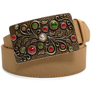 Rhinestone Crystal Belt Buckle Antique Brass Rectangle Floral Engraved Genuine Suede Casual Jean Belt 1-1/2"(38mm) Wide