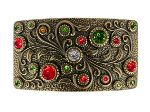 Rhinestone Crystal Belt Buckle Antique Brass Rectangle Floral Engraved Buckle