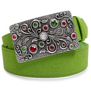 Rhinestone Crystal Belt Buckle Antique Silver Rectangle Floral Engraved Genuine Suede Casual Jean Belt 1-1/2"(38mm) Wide