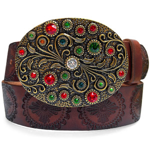 Rhinestone Crystal Oval Belt Buckle Antique Brass Full Grain Western Floral Engraved Belt 1-1/2"(38mm) Wide