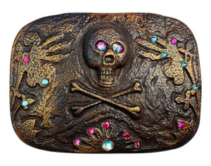 Rhinestone Unique Buckle Vintage Rustic Copper Skull Engraved Buckle Fits 1-1/2"(38mm) Belt (Crystal AB - Fuchsia - Lt Turquoise)