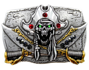 Rhinestone Unique Buckle Antique Pirate Skull Engraved Punk Belt Buckle (Lt Siam - Vitrail Medium - Graphite)
