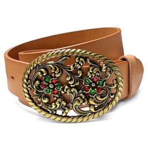 Rhinestone Antique Brass Flower Engraved Genuine Full-Grain Premium Cowhide Belt 1-1/2"(38mm) Wide