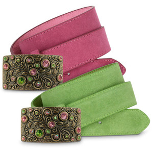 Rhinestone Crystal Antique Brass Rectangle Floral Engraved Genuine Suede Leather Belt 1-1/2"(38mm) Wide