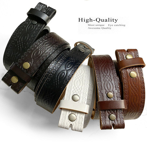 BS085 Full Grain Leather Belt Strap, 1-1/2" Wide, Tooled Celtic Pattern, Snaps For Easy Buckle Change