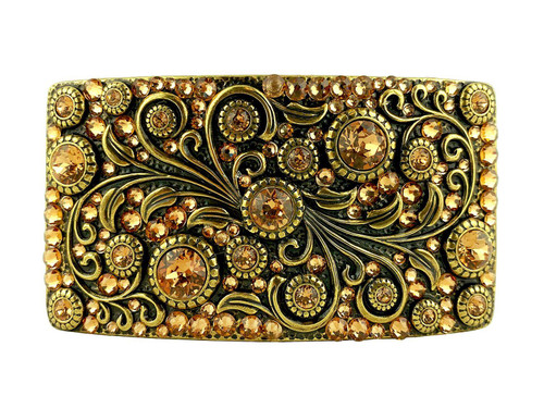HA0850 OEB Rhinestone Crystal Belt Buckle Brass Rectangle Floral Engraved Buckle - Brass-Full Lt Col Topaz HA0850 OEB Rhinestone Crystal Belt Buckle Brass Rectangle Floral Engraved Buckle - Brass-Full Lt Col Topaz