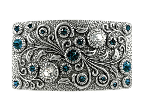 HA0850 LASRP Rhinestone Crystal Belt Buckle Antique Rectangle Floral Engraved Buckle (Crystal-Montana)