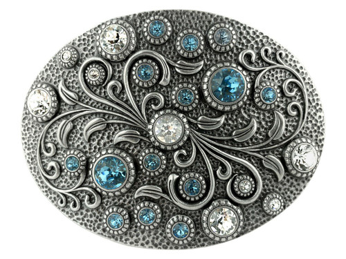 Rhinestone Crystal Belt Buckle Antique Oval Floral Engraved Buckle - Silver-Crystal Aquamarine