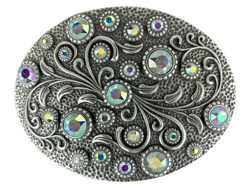 Rhinestone Crystal Belt Buckle Antique Oval Floral Engraved Buckle - Silver-Crystal AB