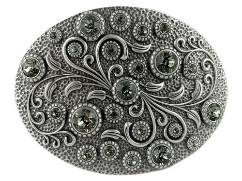Rhinestone Crystal Belt Buckle Antique Oval Floral Engraved Buckle - Silver-Black Diamond