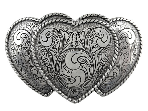 Western Antique Silver Triple Hearts Floral Engraved Buckle